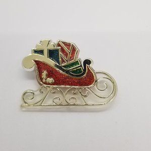 Glittered Enamel Christmas Sleigh Lucite Vintage Brooch Pin